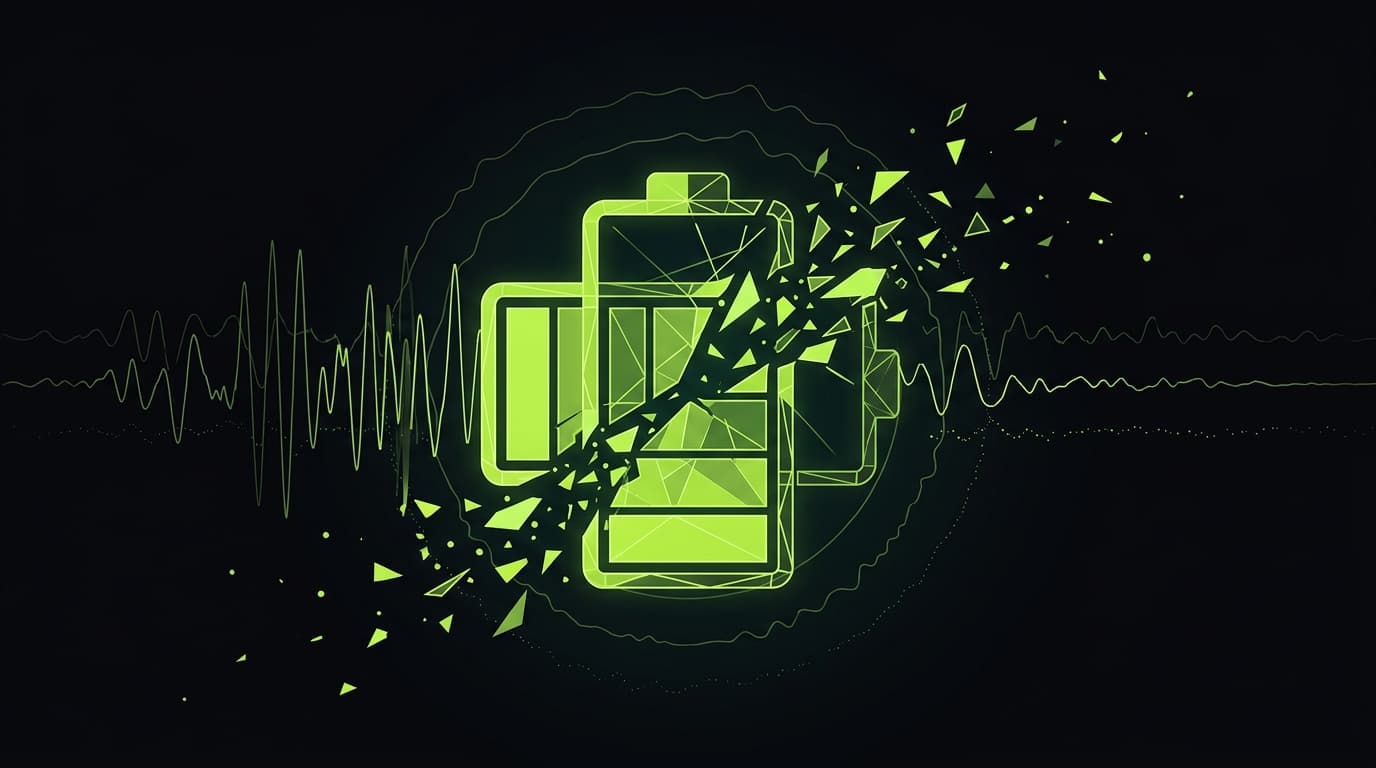 Geometric depiction of a depleted battery with fractured lime green energy lines