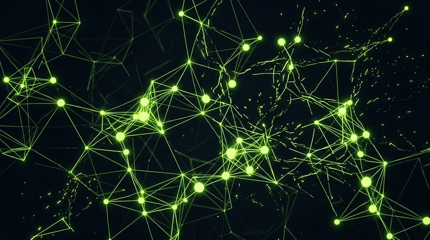 Memory nodes disconnecting in a neural lattice with lime green sparks