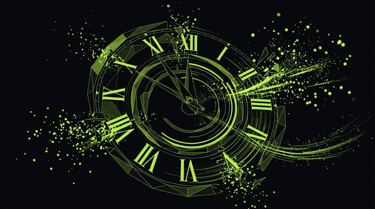 Distorted clock face dissolving into fragmented lime green particles