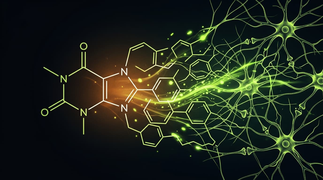 Abstract visualization of caffeine molecule transforming into neural pathways