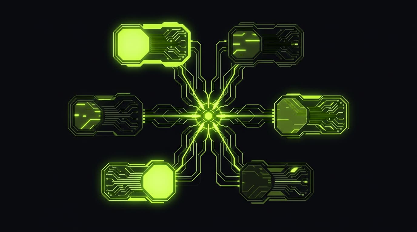 Abstract visualization of six executive function nodes in a neural command center