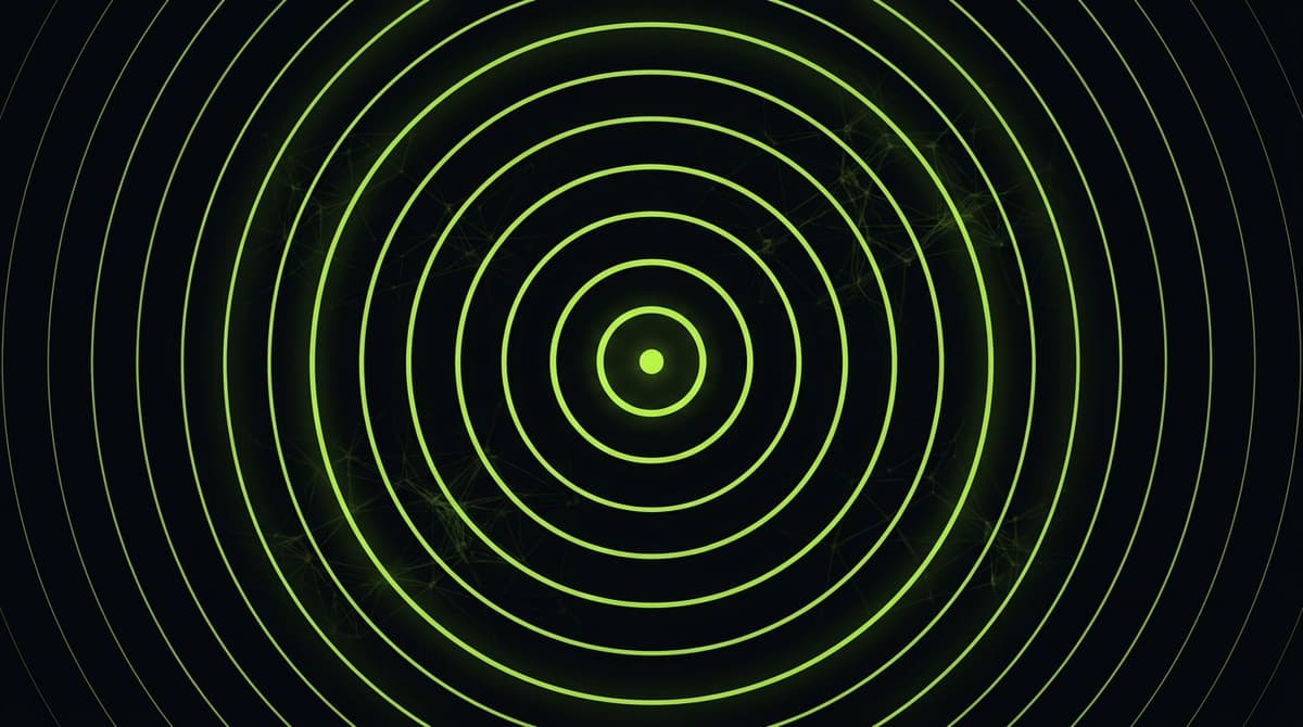 Concentric lime green ripples emanating from a central point representing meditation