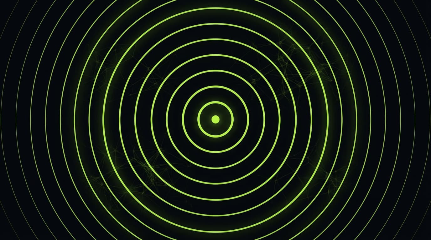 Concentric lime green ripples emanating from a central point representing meditation